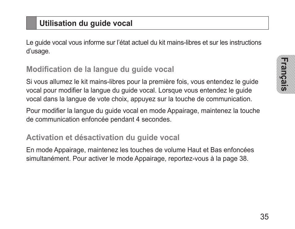 Utilisation du guide vocal, Français | Samsung BHF1000 User Manual | Page 37 / 135