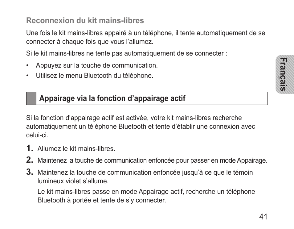 Appairage via la fonction d’appairage actif, Français | Samsung BHF1000 User Manual | Page 43 / 135