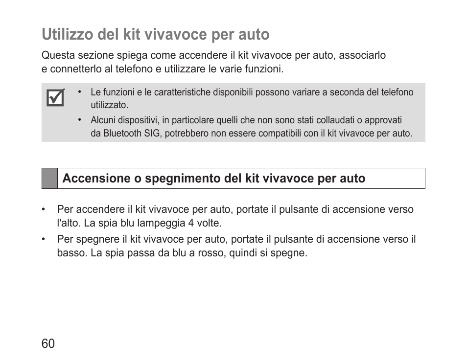 Utilizzo del kit vivavoce per auto, Accensione o spegnimento del kit vivavoce per auto | Samsung BHF1000 User Manual | Page 62 / 135