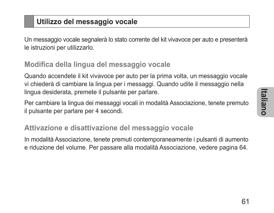 Utilizzo del messaggio vocale, Italiano | Samsung BHF1000 User Manual | Page 63 / 135