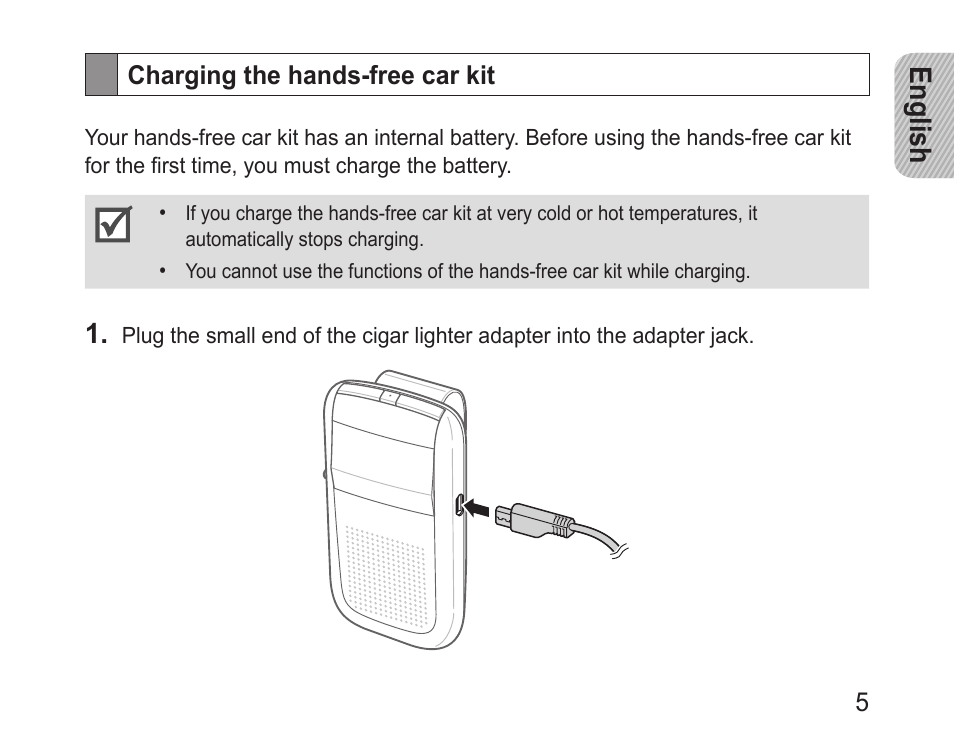 Charging the hands-free car kit, English | Samsung BHF1000 User Manual | Page 7 / 135