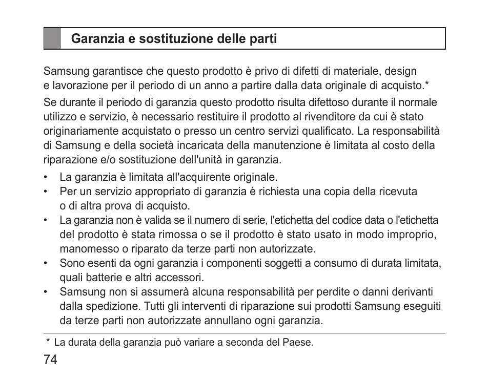 Garanzia e sostituzione delle parti | Samsung BHF1000 User Manual | Page 76 / 135