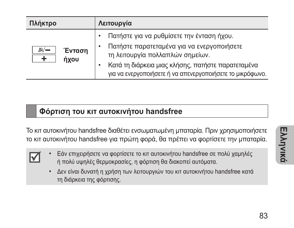 Φόρτιση του κιτ αυτοκινήτου handsfree, Ελληνικ ά | Samsung BHF1000 User Manual | Page 85 / 135