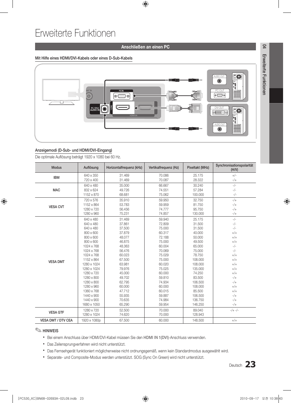 Erweiterte funktionen | Samsung PS50C530C1W User Manual | Page 103 / 365