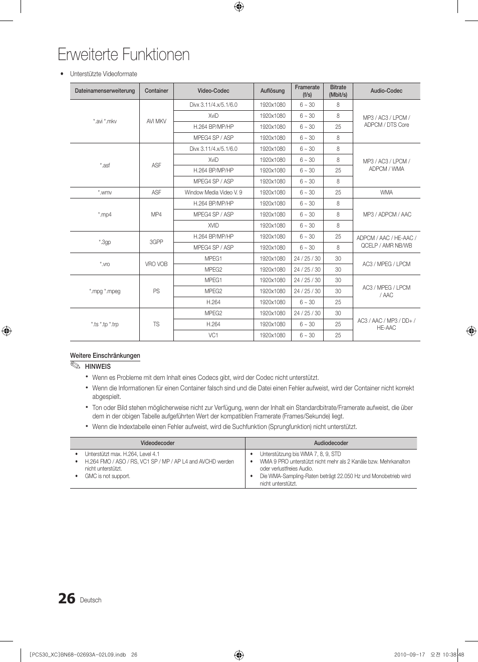 Erweiterte funktionen | Samsung PS50C530C1W User Manual | Page 106 / 365