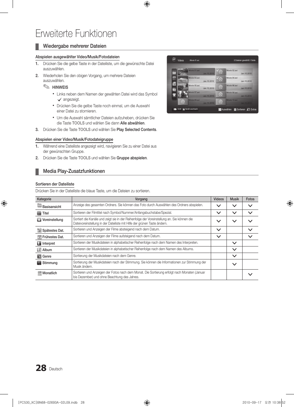 Erweiterte funktionen, Wiedergabe mehrerer dateien, Media play-zusatzfunktionen | Samsung PS50C530C1W User Manual | Page 108 / 365