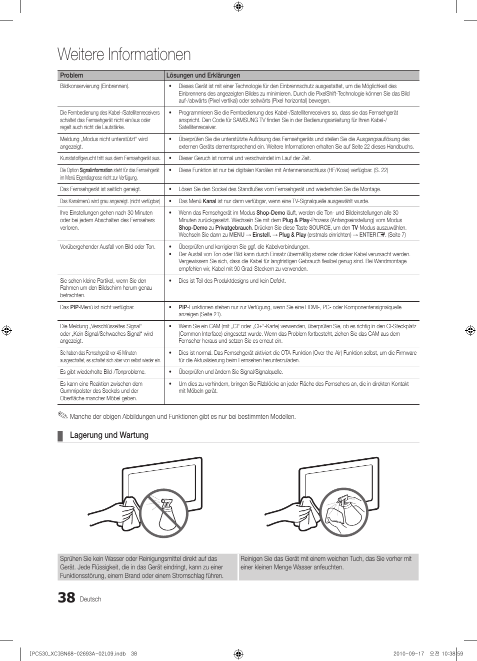 Weitere informationen, Lagerung und wartung | Samsung PS50C530C1W User Manual | Page 118 / 365