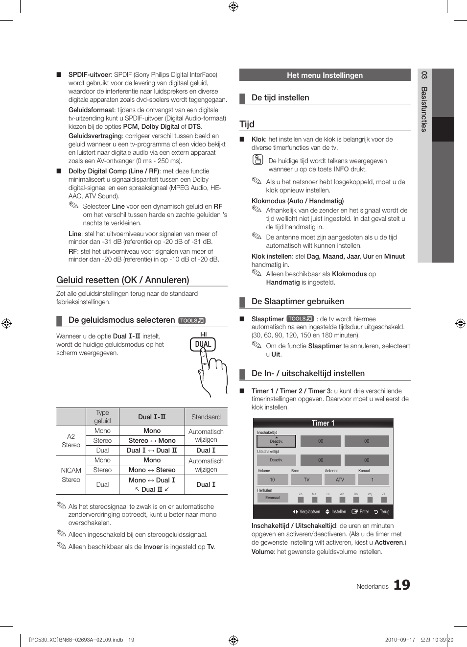 Geluid resetten (ok / annuleren), Tijd | Samsung PS50C530C1W User Manual | Page 139 / 365