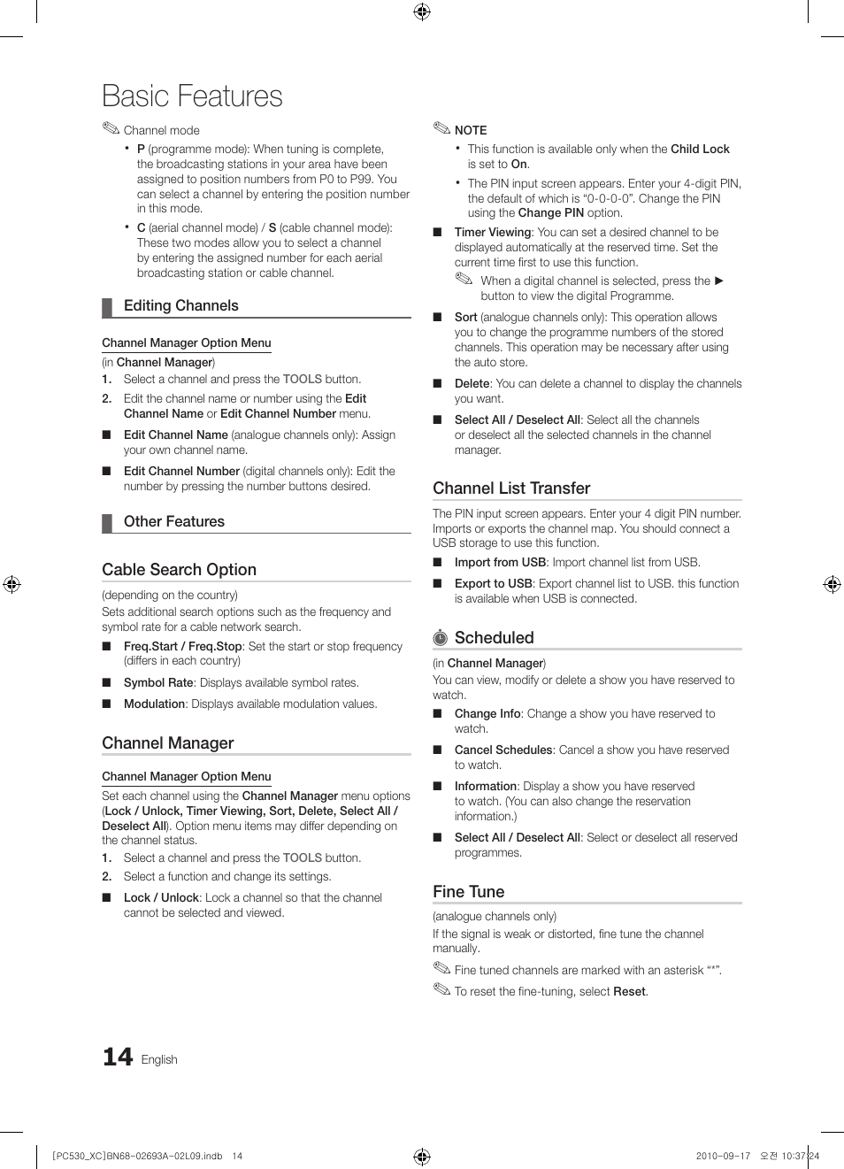 Basic features, Cable search option, Channel manager | Channel list transfer, Scheduled, Fine tune | Samsung PS50C530C1W User Manual | Page 14 / 365