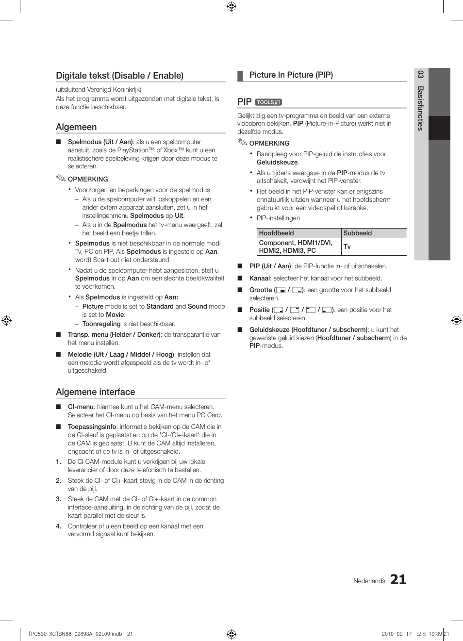 Digitale tekst (disable / enable), Algemeen, Algemene interface | Samsung PS50C530C1W User Manual | Page 141 / 365