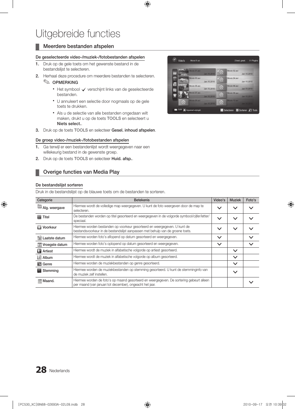 Uitgebreide functies, Meerdere bestanden afspelen, Overige functies van media play | Samsung PS50C530C1W User Manual | Page 148 / 365