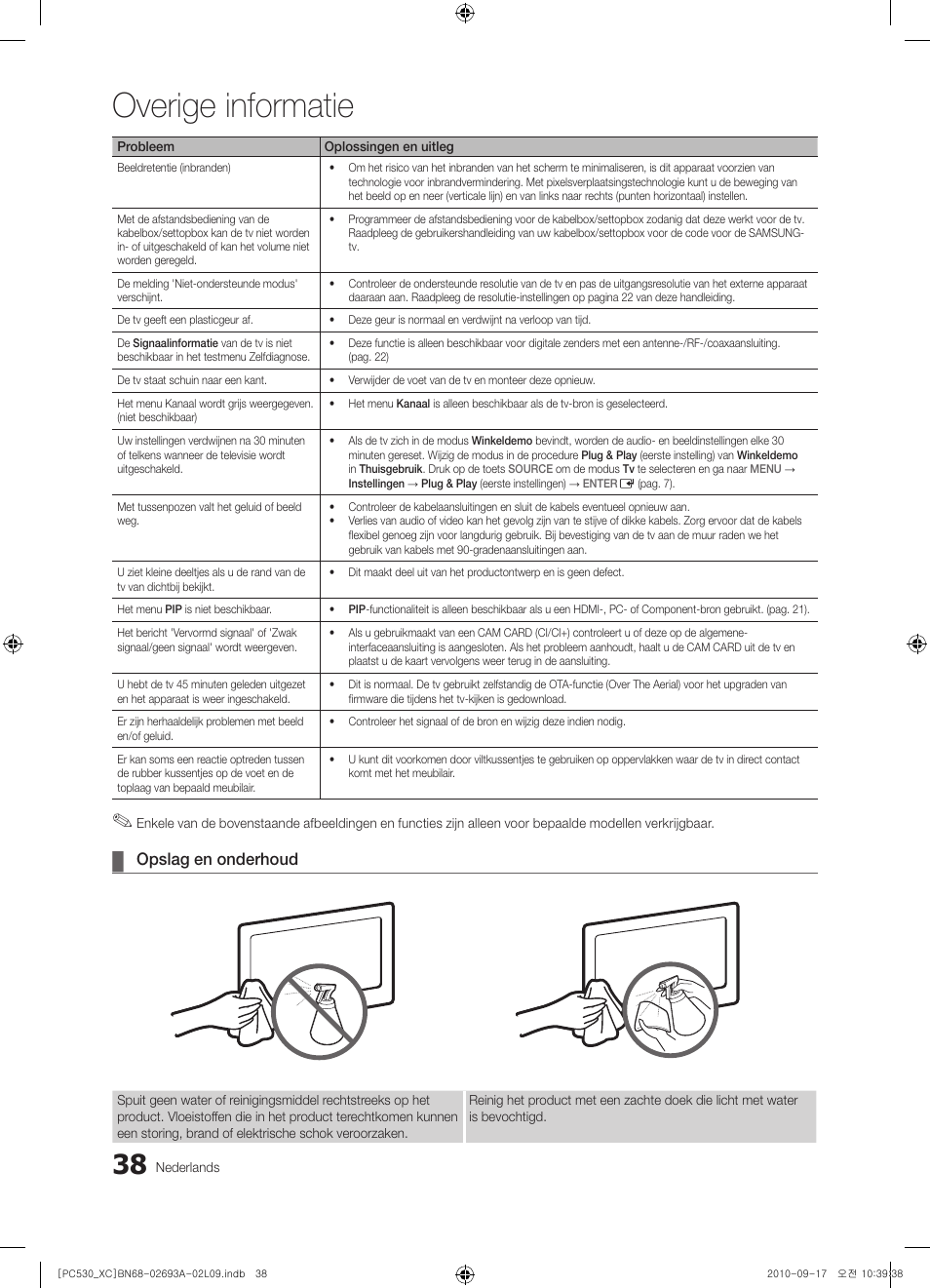 Overige informatie, Opslag en onderhoud | Samsung PS50C530C1W User Manual | Page 158 / 365