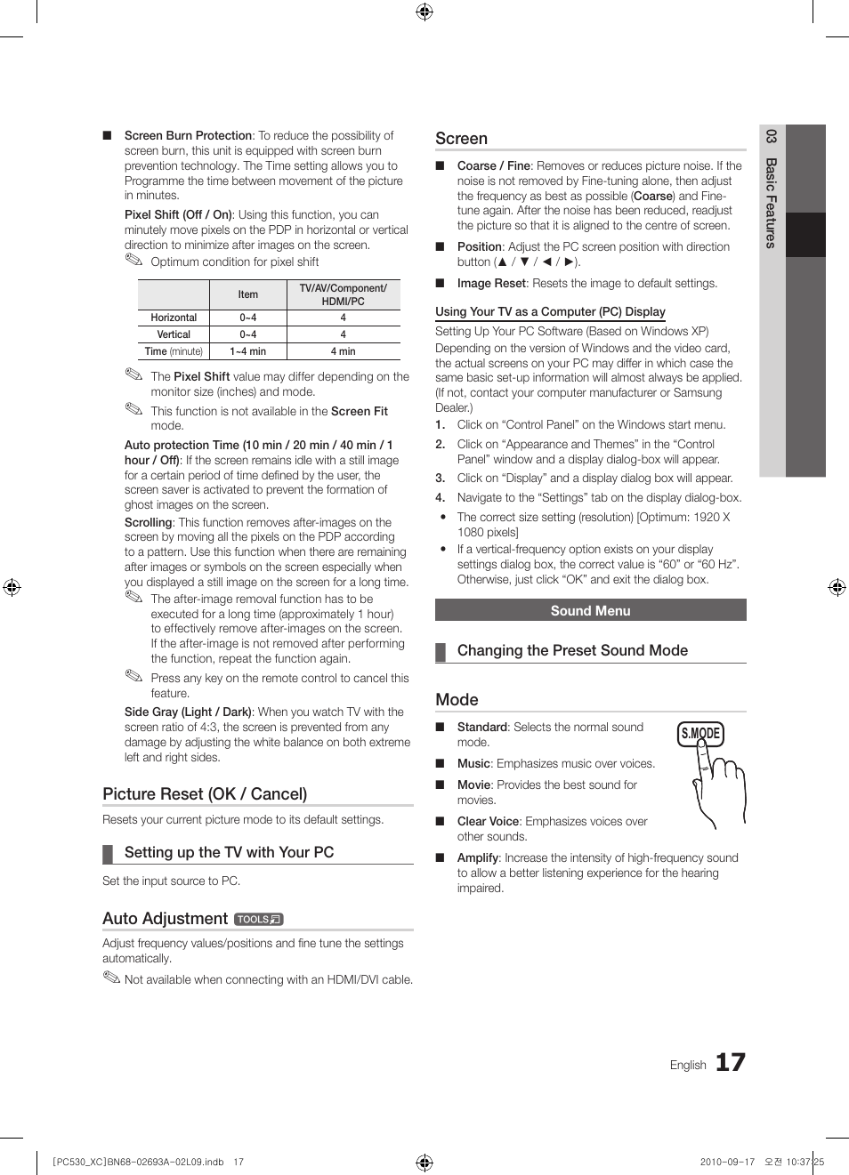 Picture reset (ok / cancel), Auto adjustment, Screen | Mode | Samsung PS50C530C1W User Manual | Page 17 / 365