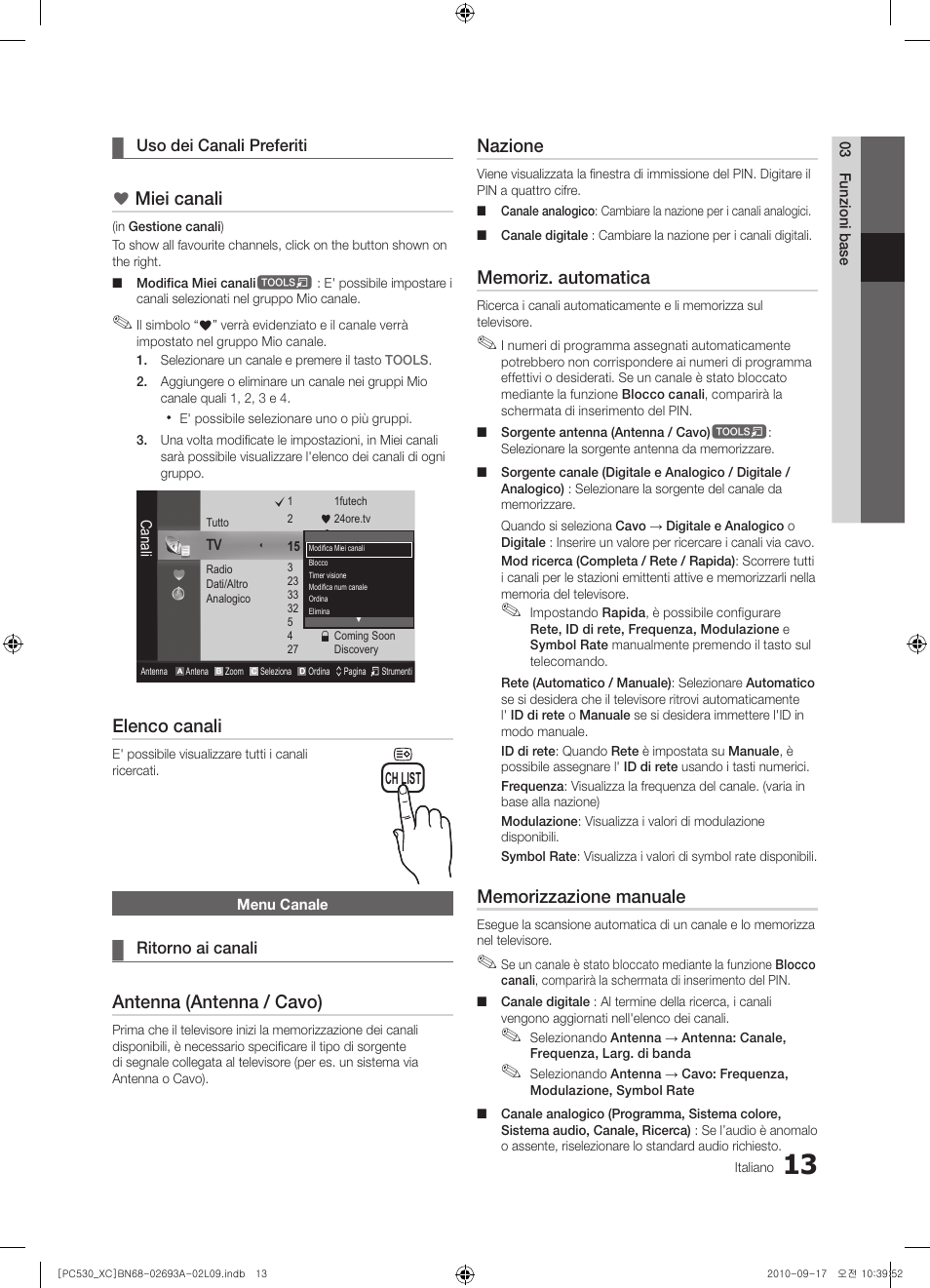 Miei canali, Elenco canali, Antenna (antenna / cavo) | Nazione | Samsung PS50C530C1W User Manual | Page 173 / 365
