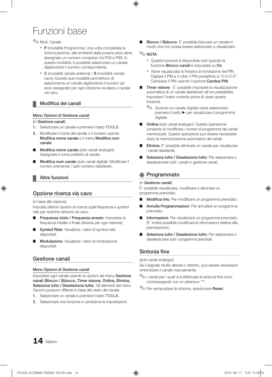 Funzioni base, Opzione ricerca via cavo, Gestione canali | Programmato, Sintonia fine | Samsung PS50C530C1W User Manual | Page 174 / 365