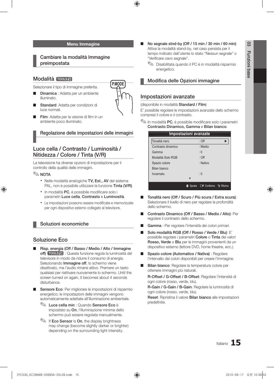 Modalità, Soluzione eco, Impostazioni avanzate | Samsung PS50C530C1W User Manual | Page 175 / 365