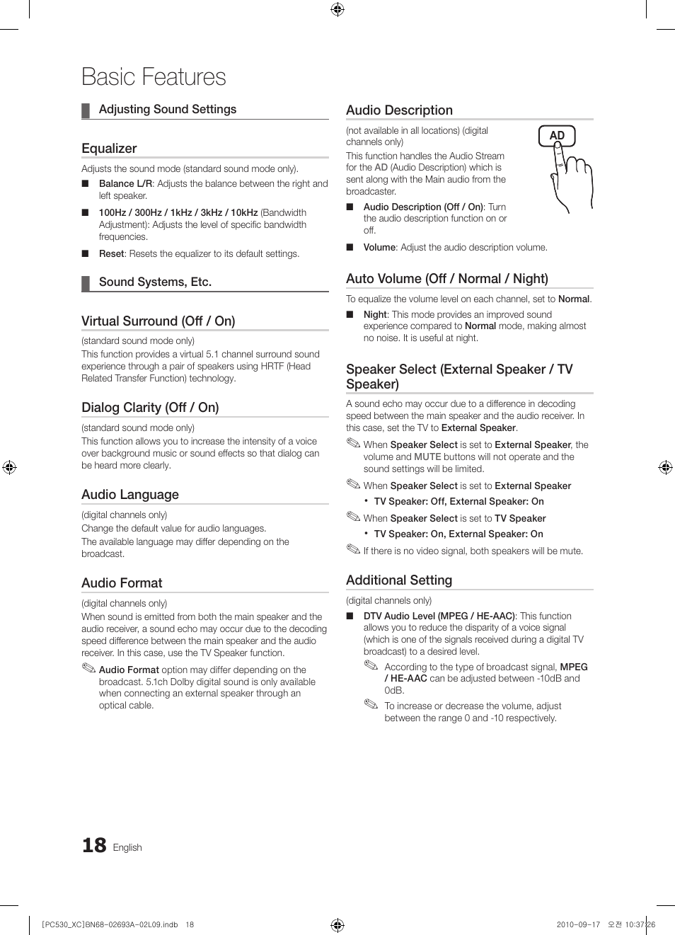 Basic features | Samsung PS50C530C1W User Manual | Page 18 / 365