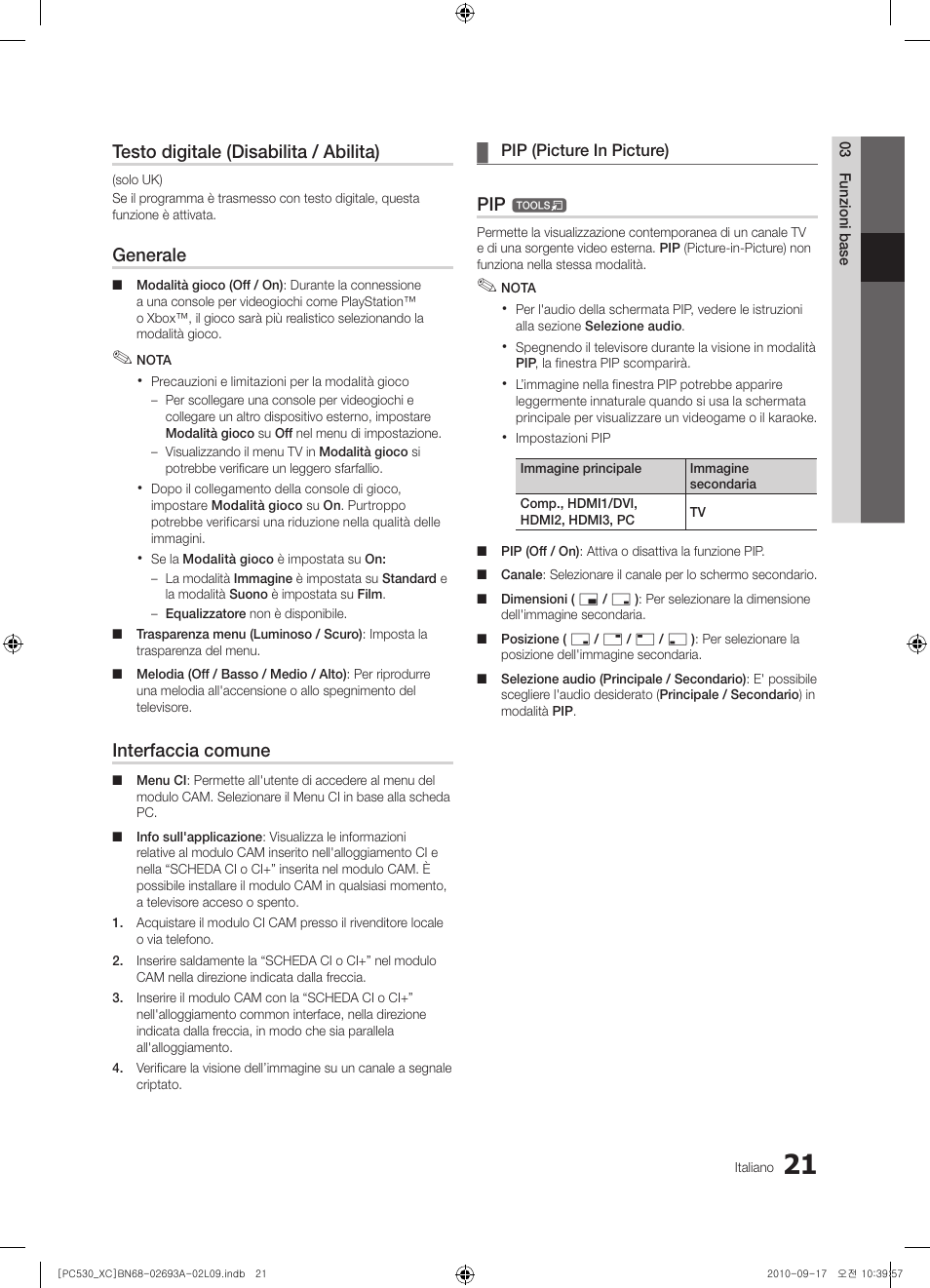 Testo digitale (disabilita / abilita), Generale, Interfaccia comune | Samsung PS50C530C1W User Manual | Page 181 / 365