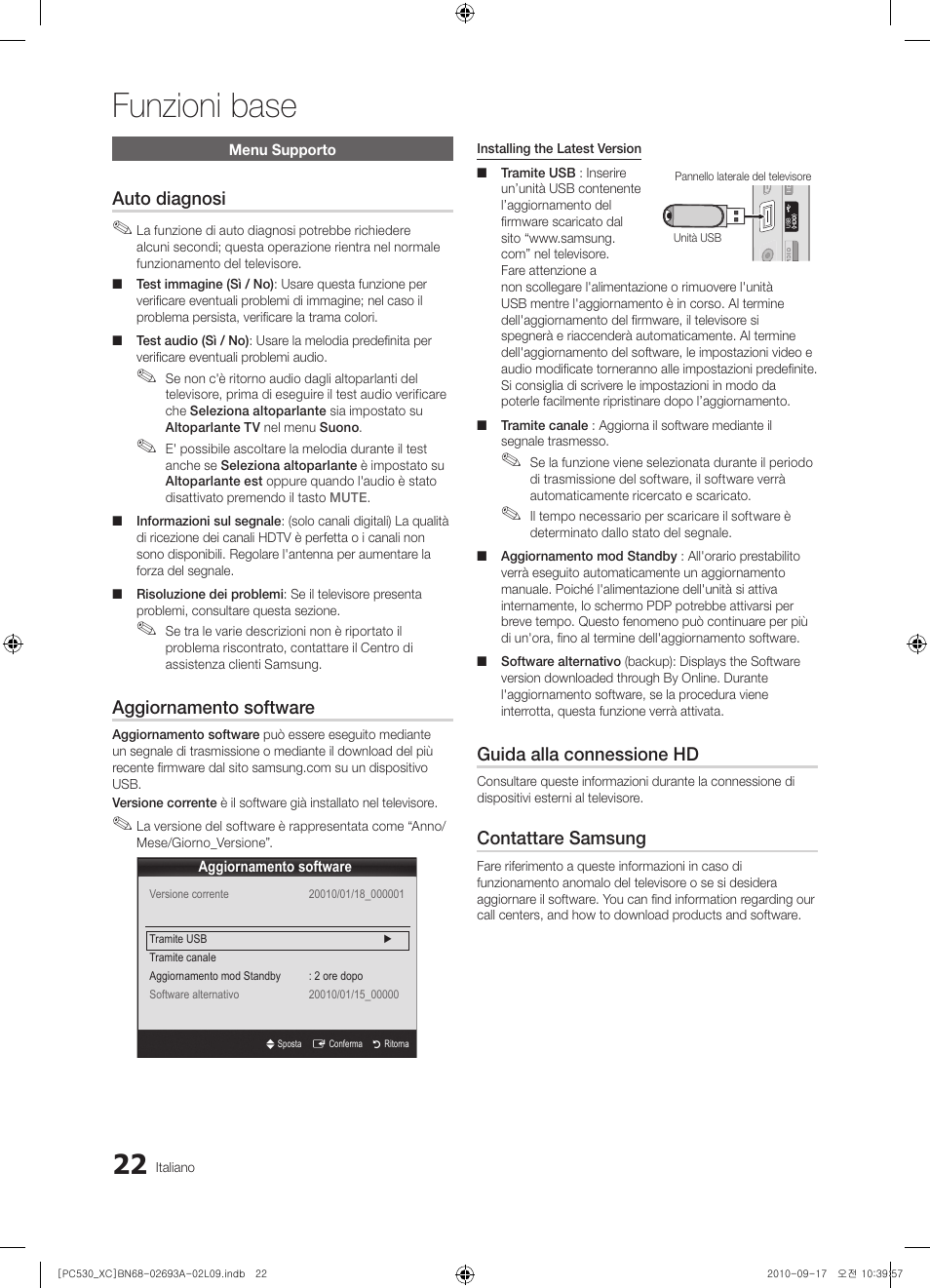 Funzioni base, Auto diagnosi, Aggiornamento software | Guida alla connessione hd, Contattare samsung | Samsung PS50C530C1W User Manual | Page 182 / 365