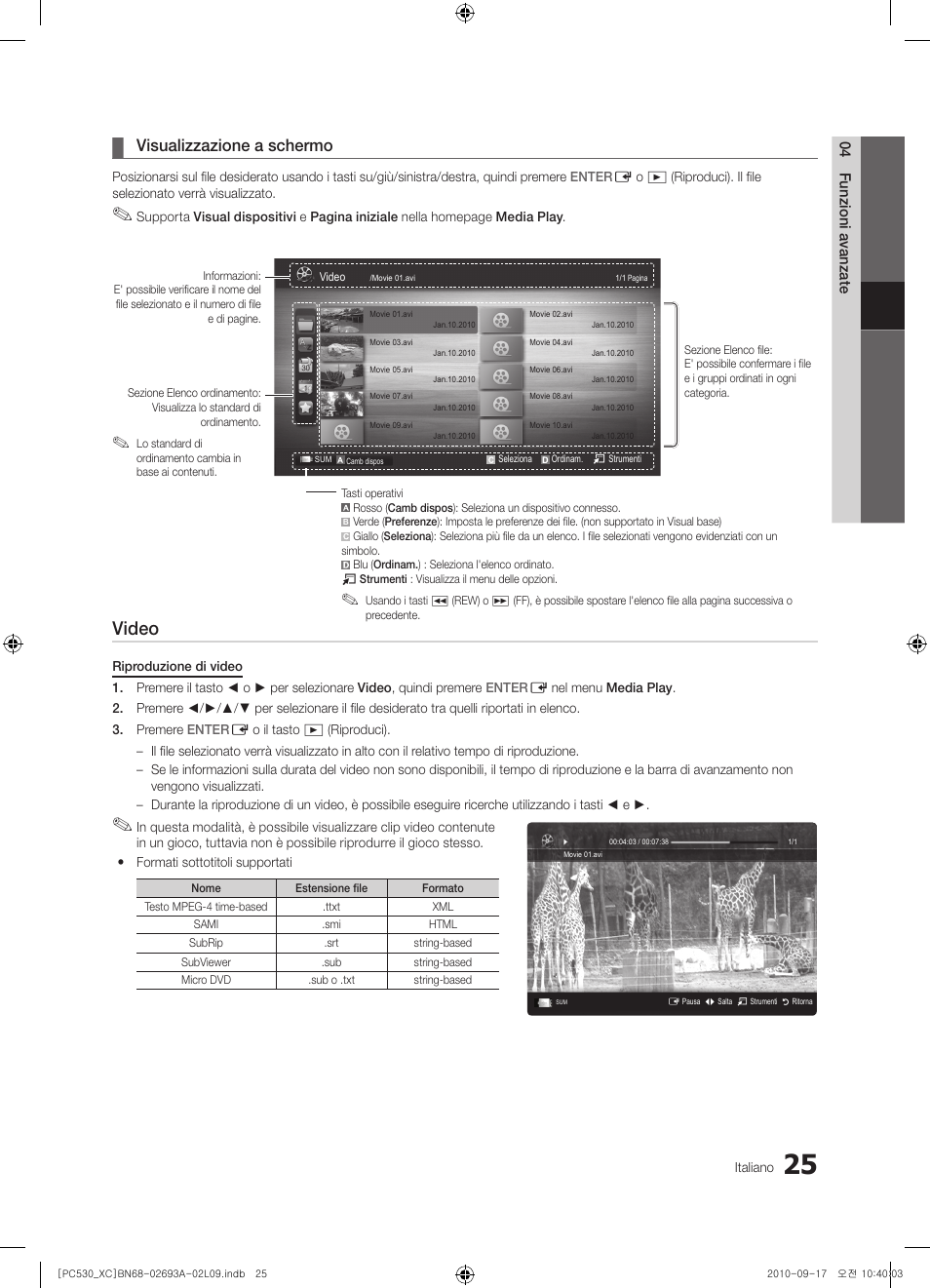 Video, Visualizzazione a schermo | Samsung PS50C530C1W User Manual | Page 185 / 365