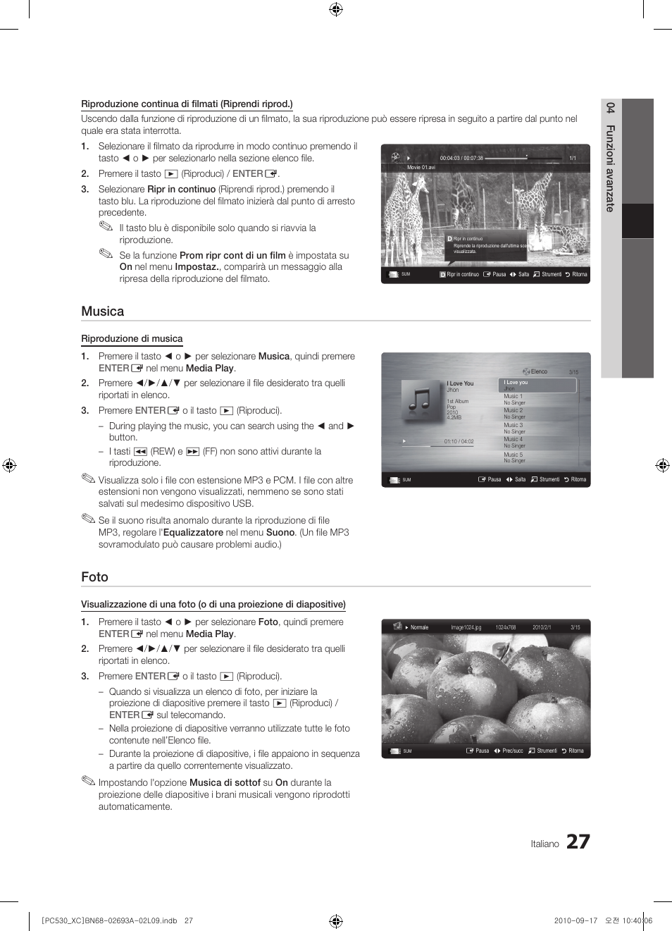 Musica, Foto | Samsung PS50C530C1W User Manual | Page 187 / 365