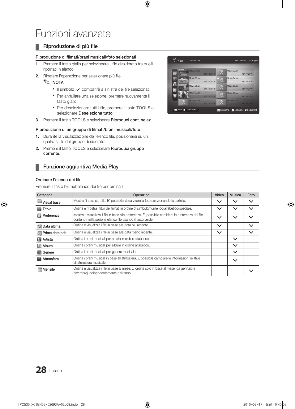 Funzioni avanzate, Riproduzione di più file, Funzione aggiuntiva media play | Samsung PS50C530C1W User Manual | Page 188 / 365