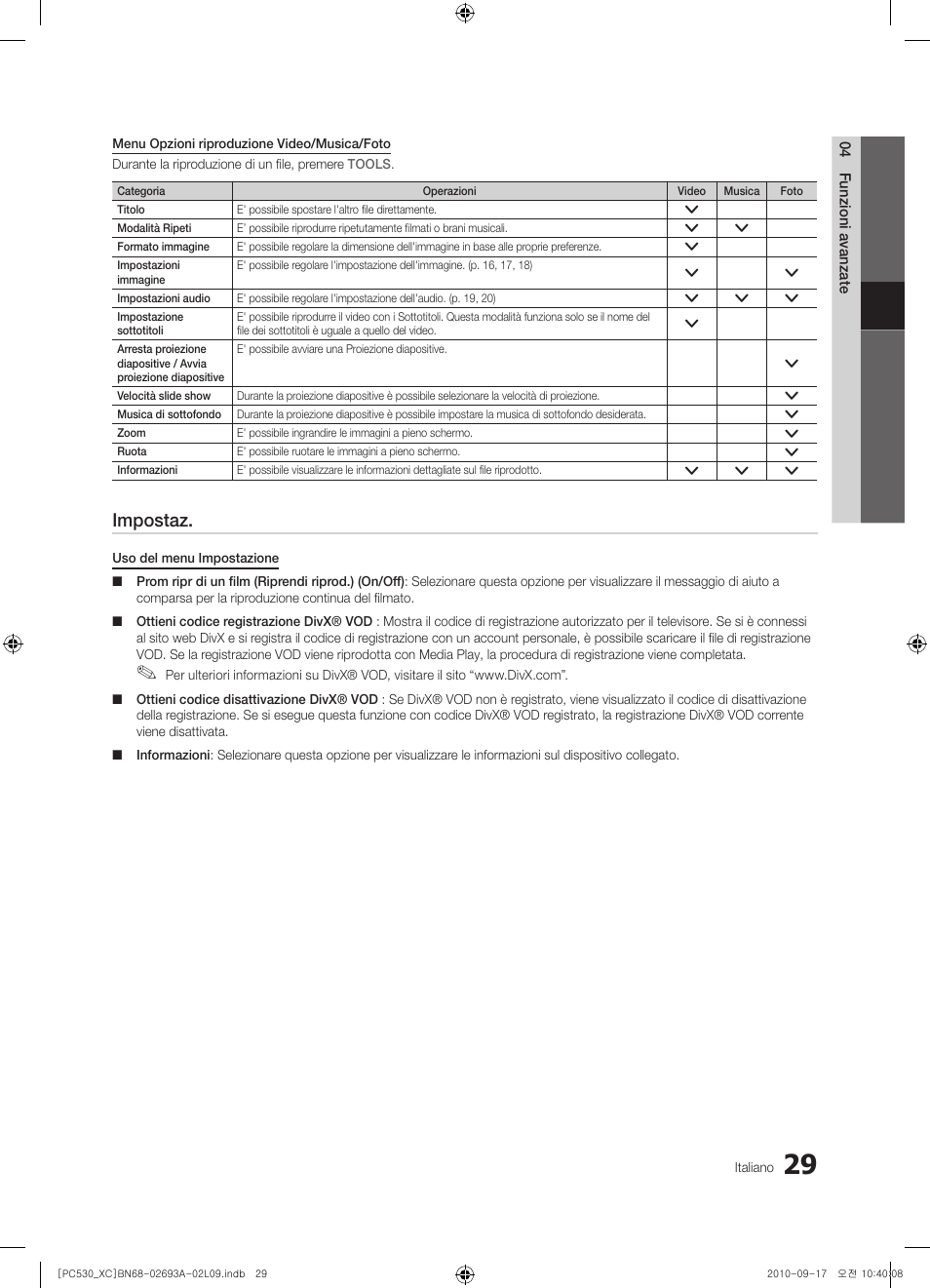 Impostaz | Samsung PS50C530C1W User Manual | Page 189 / 365