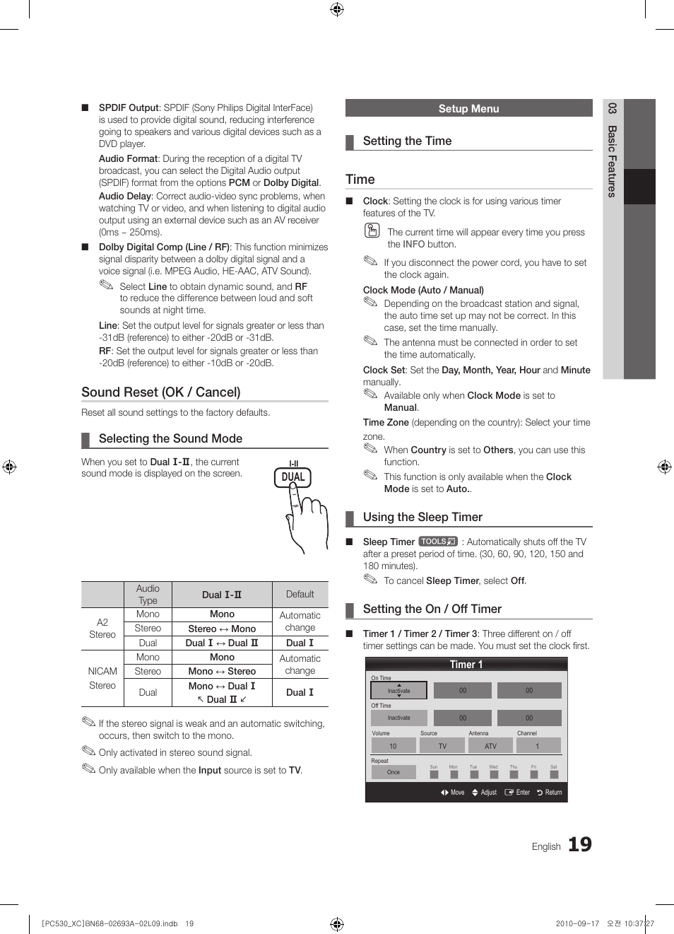 Sound reset (ok / cancel), Time | Samsung PS50C530C1W User Manual | Page 19 / 365