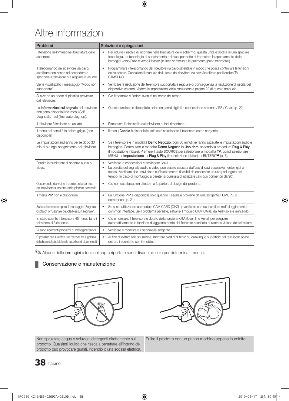 Altre informazioni, Conservazione e manutenzione | Samsung PS50C530C1W User Manual | Page 198 / 365