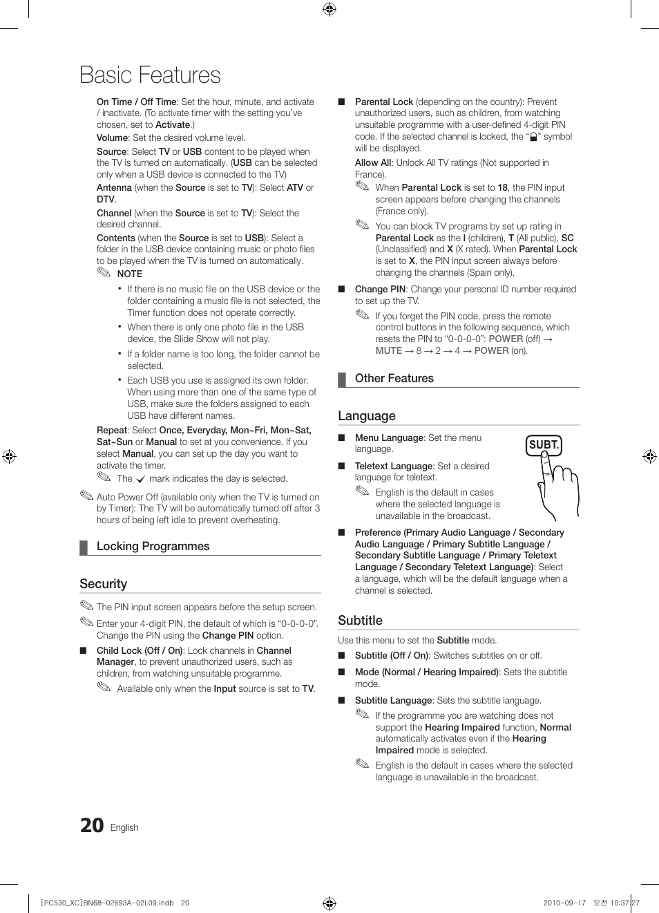 Basic features | Samsung PS50C530C1W User Manual | Page 20 / 365