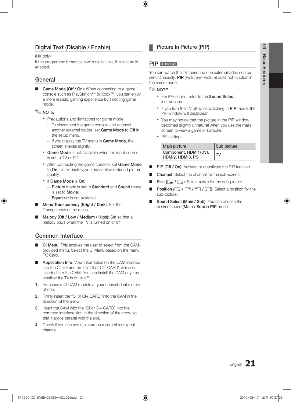 Digital text (disable / enable), General, Common interface | Samsung PS50C530C1W User Manual | Page 21 / 365