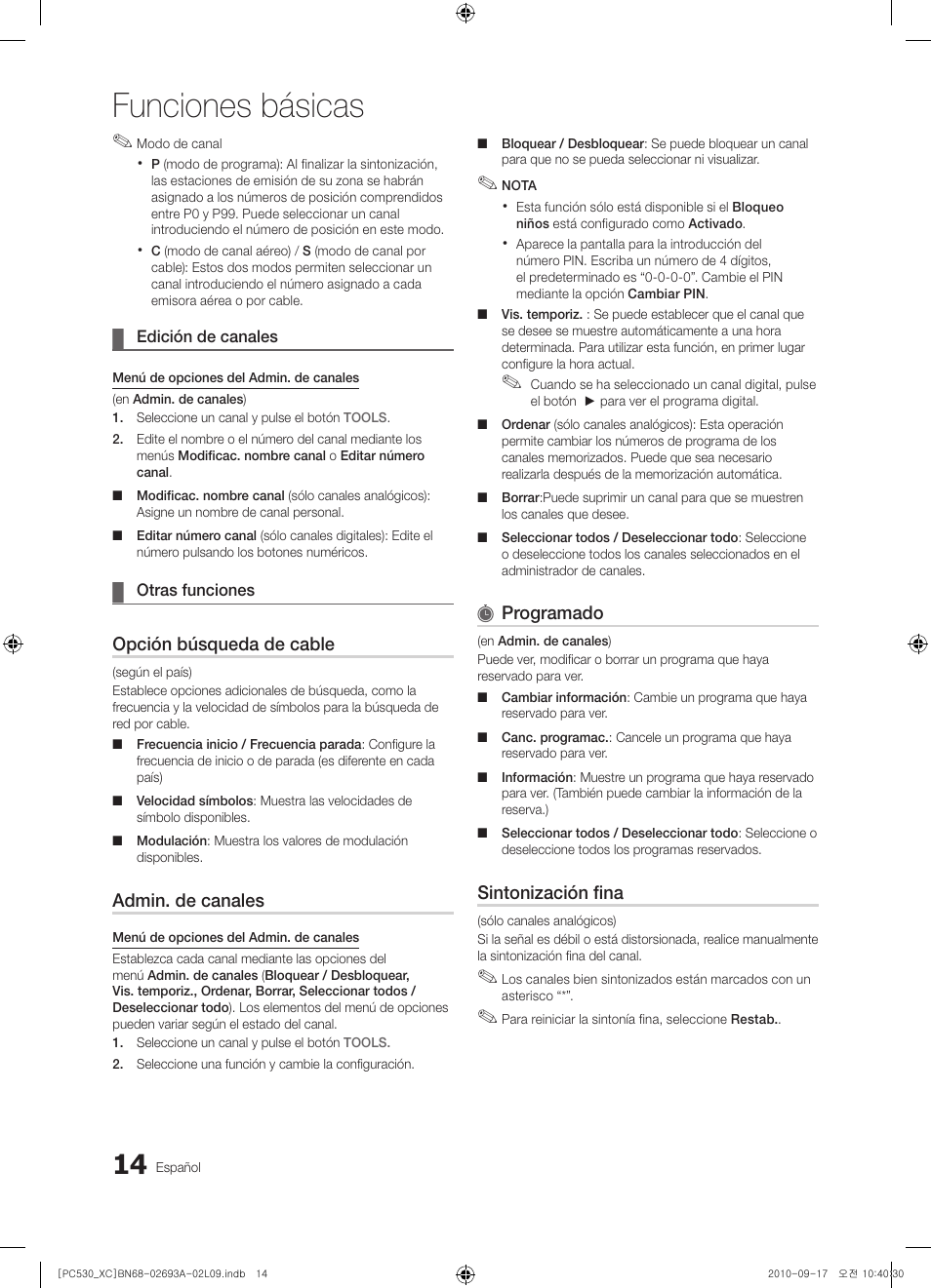 Funciones básicas, Opción búsqueda de cable, Admin. de canales | Programado, Sintonización fina | Samsung PS50C530C1W User Manual | Page 216 / 365
