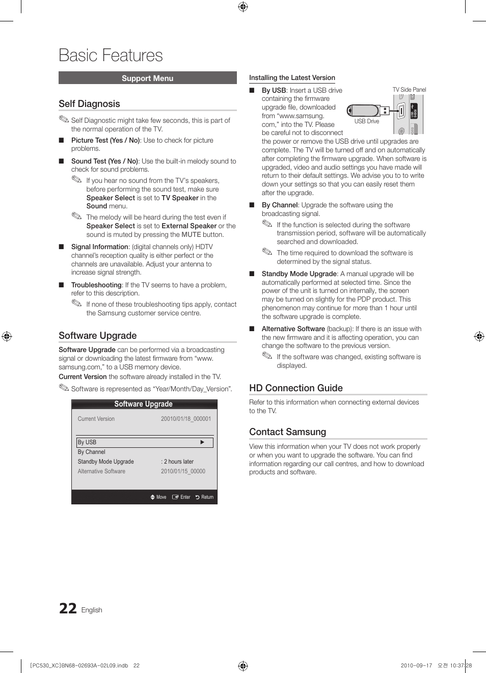 Basic features, Self diagnosis, Software upgrade | Hd connection guide, Contact samsung | Samsung PS50C530C1W User Manual | Page 22 / 365