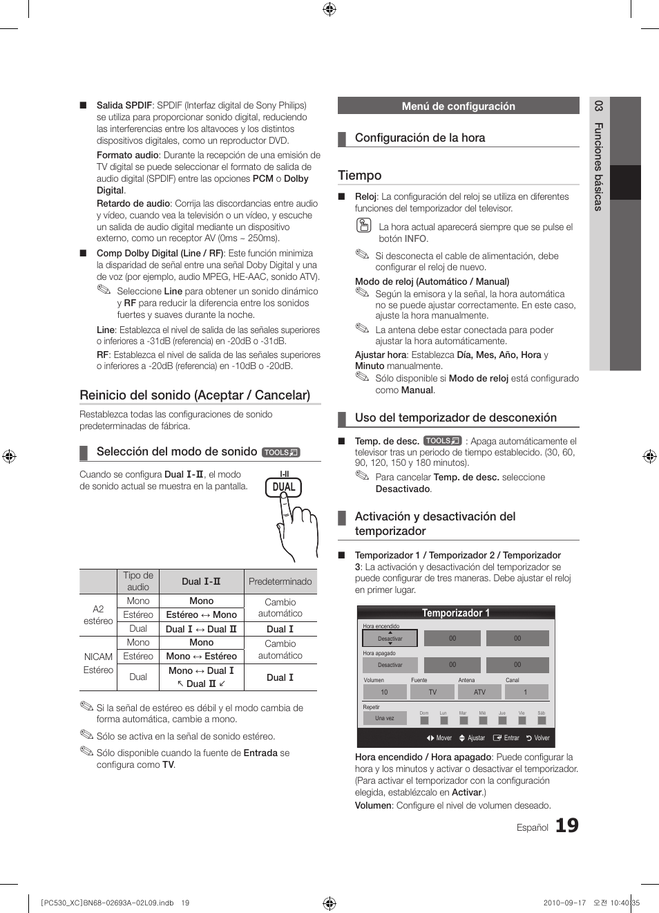 Reinicio del sonido (aceptar / cancelar), Tiempo | Samsung PS50C530C1W User Manual | Page 221 / 365