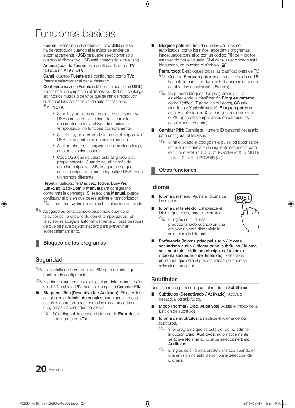 Funciones básicas, Seguridad, Idioma | Subtítulos | Samsung PS50C530C1W User Manual | Page 222 / 365