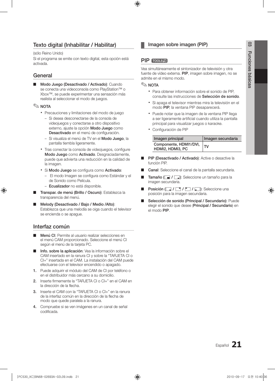 Texto digital (inhabilitar / habilitar), General, Interfaz común | Samsung PS50C530C1W User Manual | Page 223 / 365
