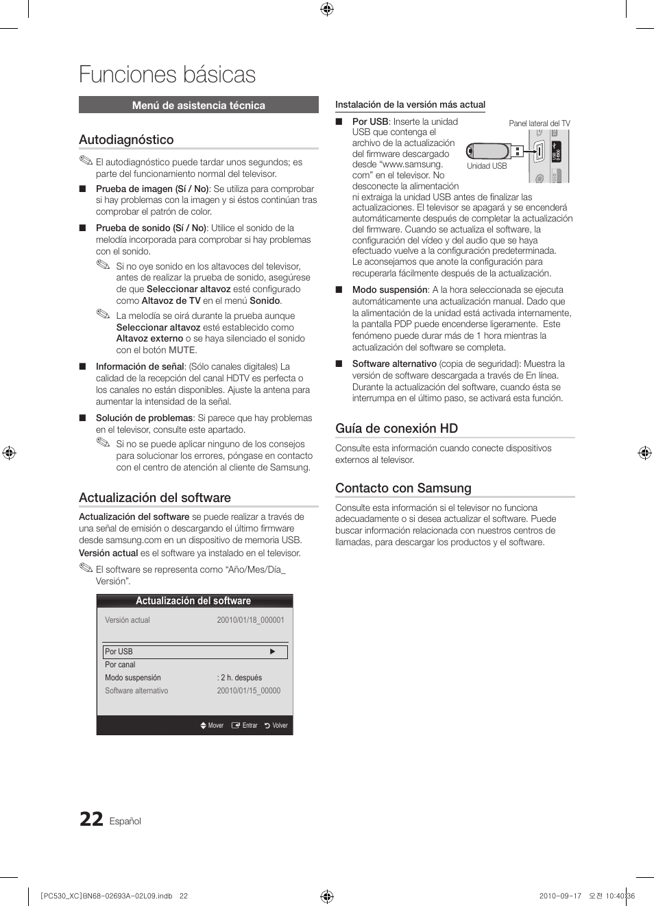 Funciones básicas, Autodiagnóstico, Actualización del software | Guía de conexión hd, Contacto con samsung | Samsung PS50C530C1W User Manual | Page 224 / 365