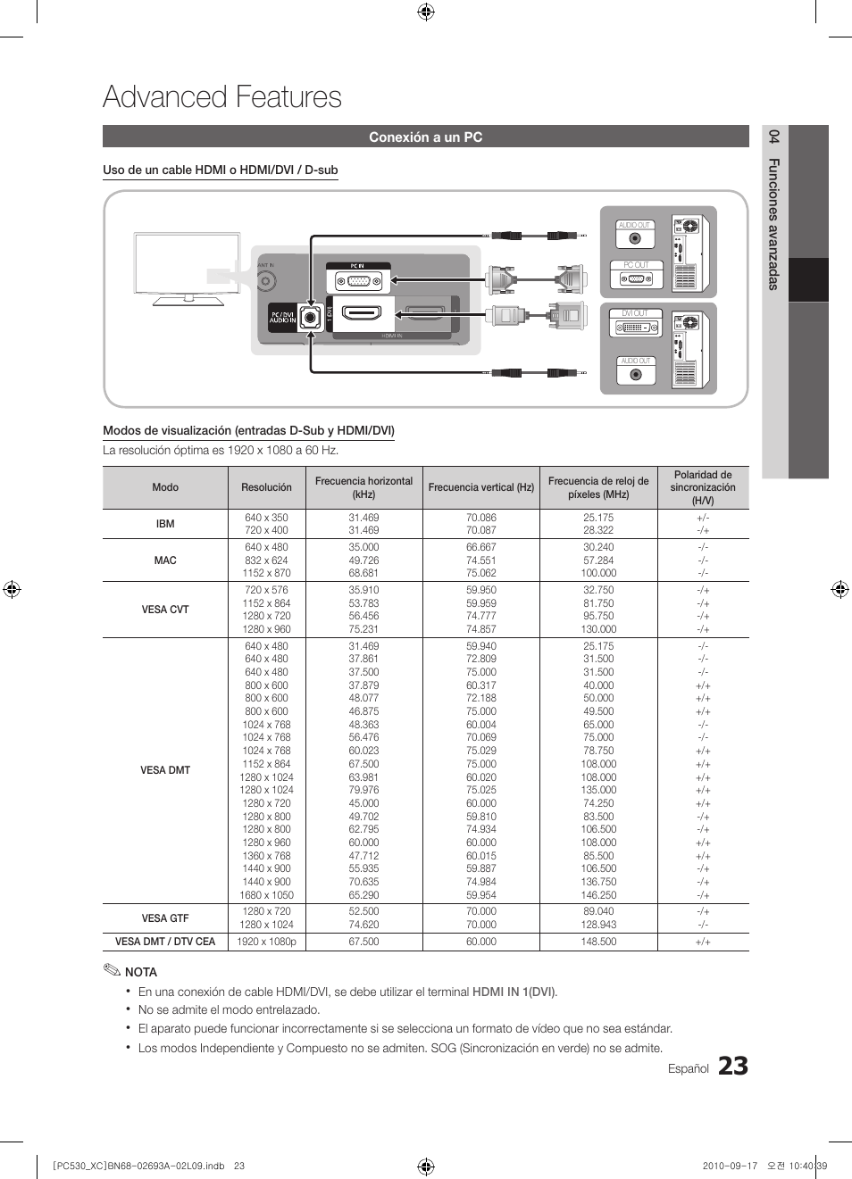 Advanced features | Samsung PS50C530C1W User Manual | Page 225 / 365