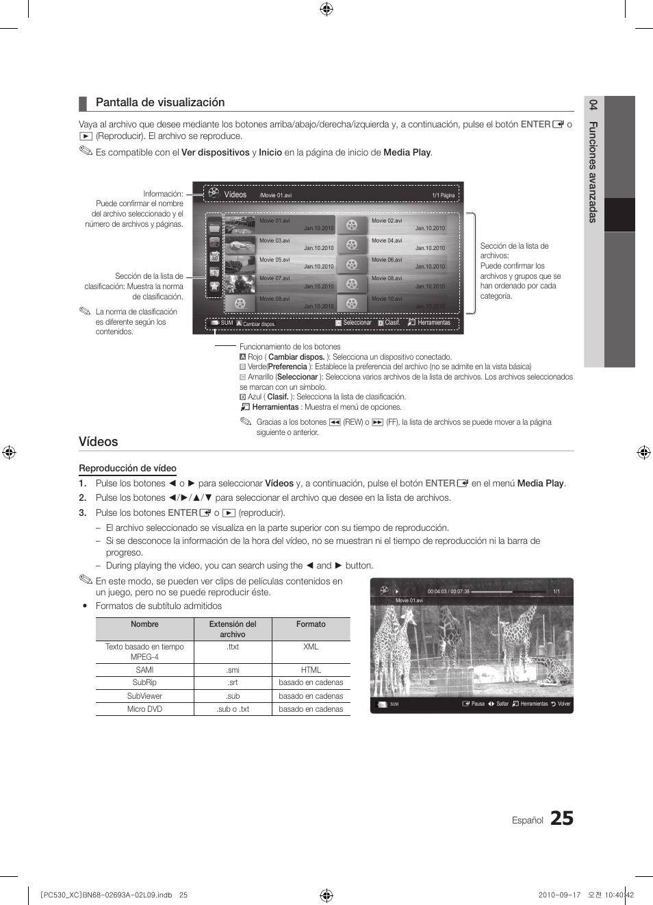 Vídeos, Pantalla de visualización | Samsung PS50C530C1W User Manual | Page 227 / 365
