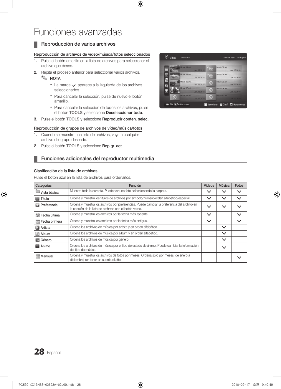 Funciones avanzadas, Reproducción de varios archivos, Funciones adicionales del reproductor multimedia | Samsung PS50C530C1W User Manual | Page 230 / 365