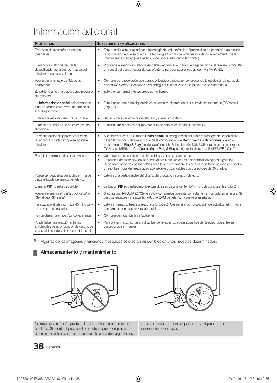 Información adicional, Almacenamiento y mantenimiento | Samsung PS50C530C1W User Manual | Page 240 / 365