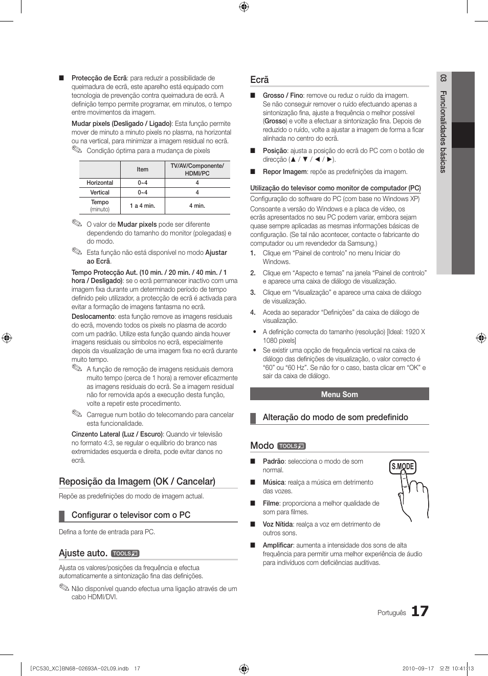 Reposição da imagem (ok / cancelar), Ajuste auto, Ecrã | Modo | Samsung PS50C530C1W User Manual | Page 259 / 365