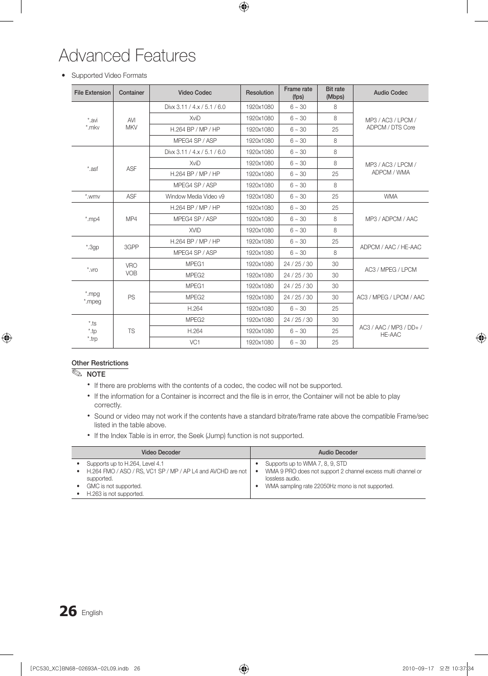 Advanced features | Samsung PS50C530C1W User Manual | Page 26 / 365