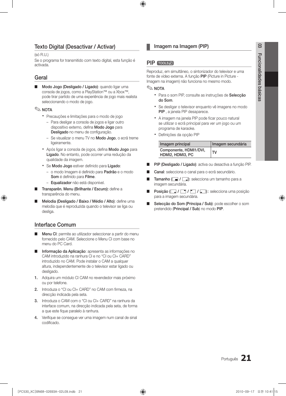Texto digital (desactivar / activar), Geral, Interface comum | Samsung PS50C530C1W User Manual | Page 263 / 365