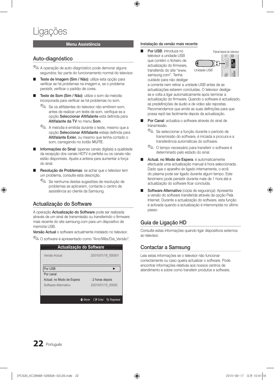 Ligações, Auto-diagnóstico, Actualização do software | Guia de ligação hd, Contactar a samsung | Samsung PS50C530C1W User Manual | Page 264 / 365