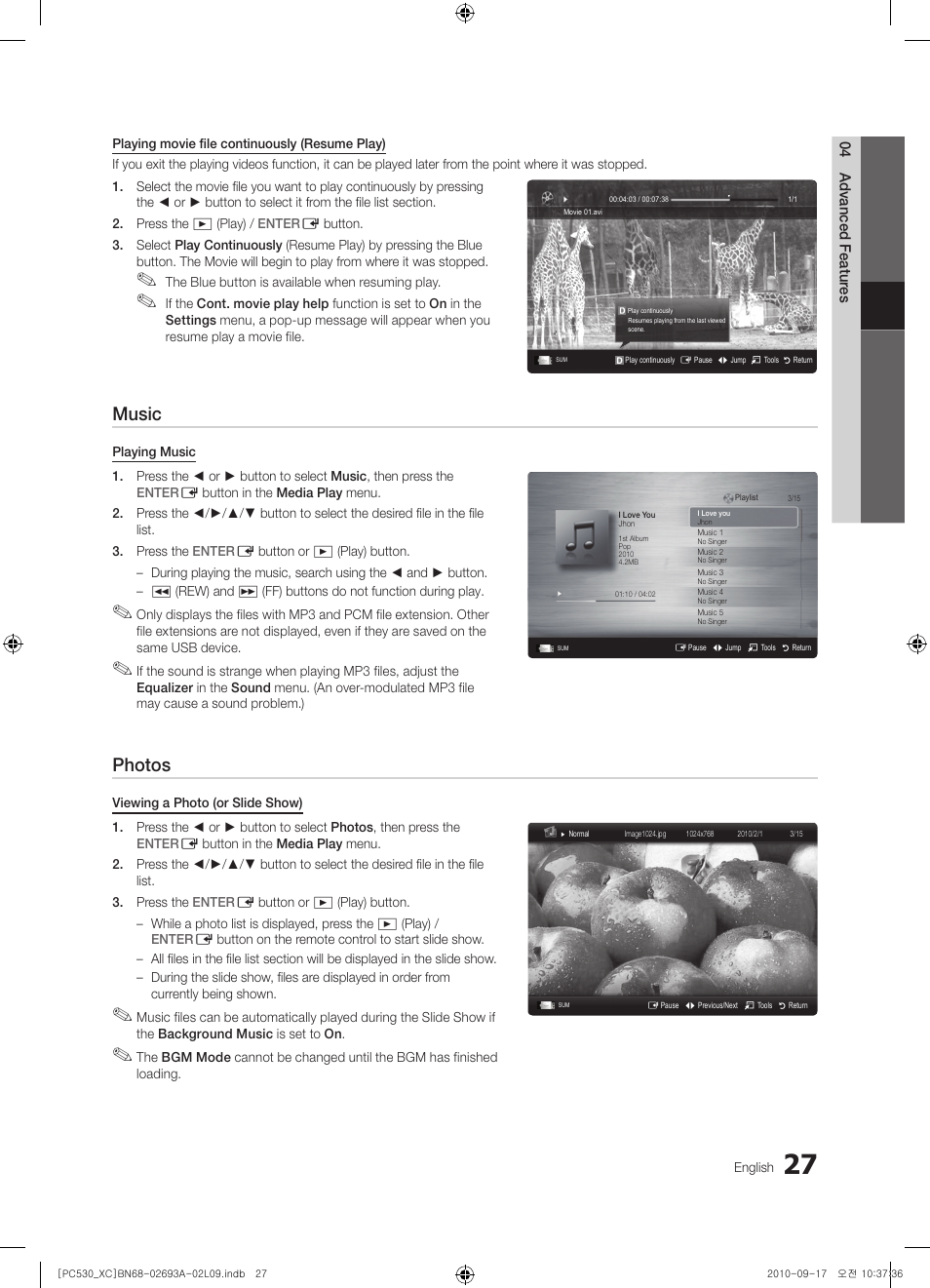 Music, Photos | Samsung PS50C530C1W User Manual | Page 27 / 365