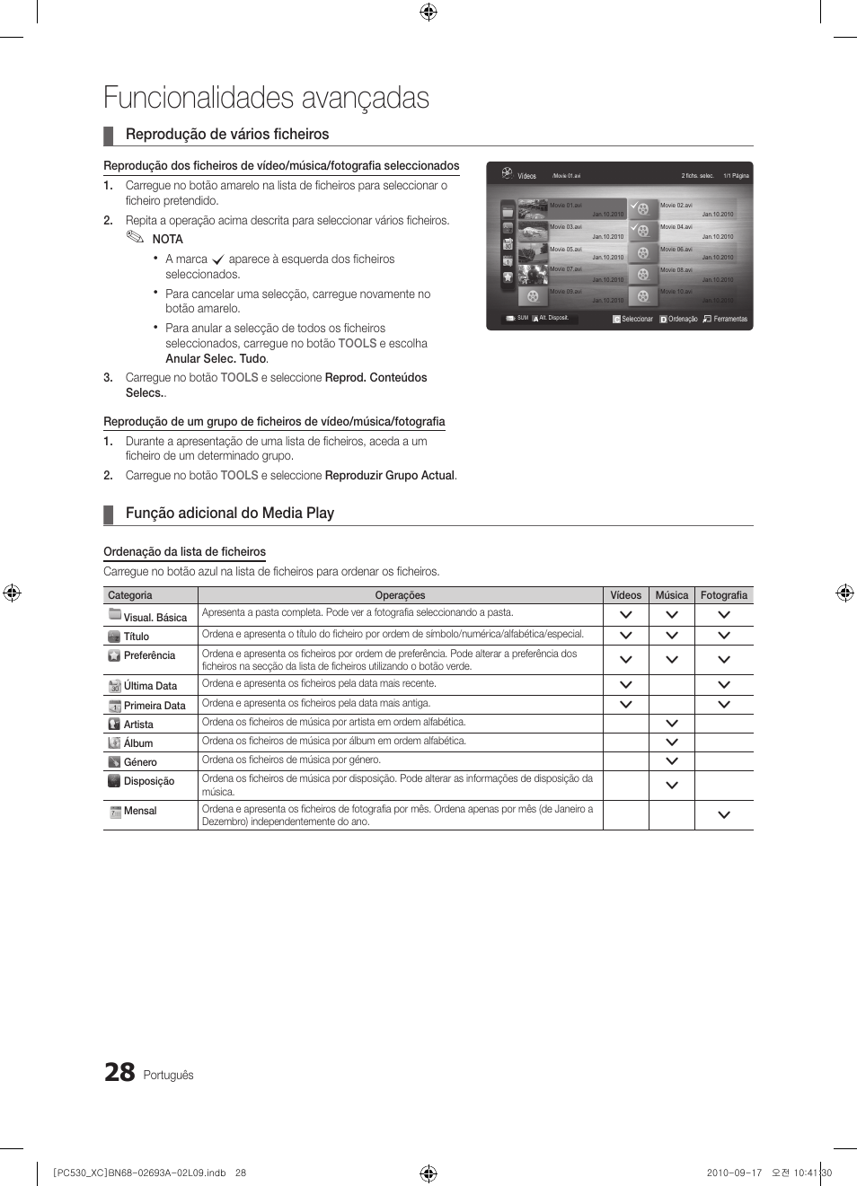 Funcionalidades avançadas, Reprodução de vários ficheiros, Função adicional do media play | Samsung PS50C530C1W User Manual | Page 270 / 365