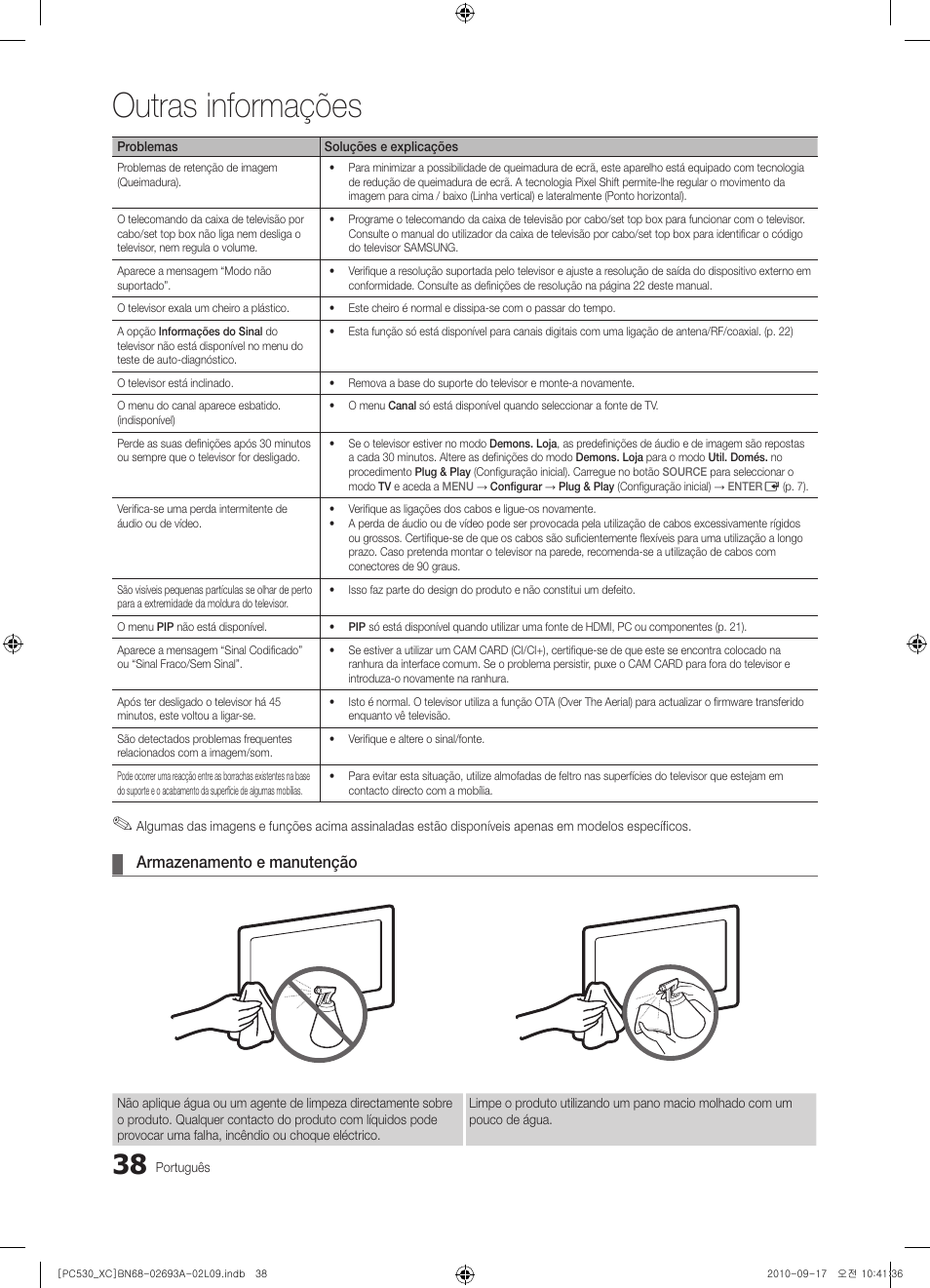Outras informações, Armazenamento e manutenção | Samsung PS50C530C1W User Manual | Page 280 / 365