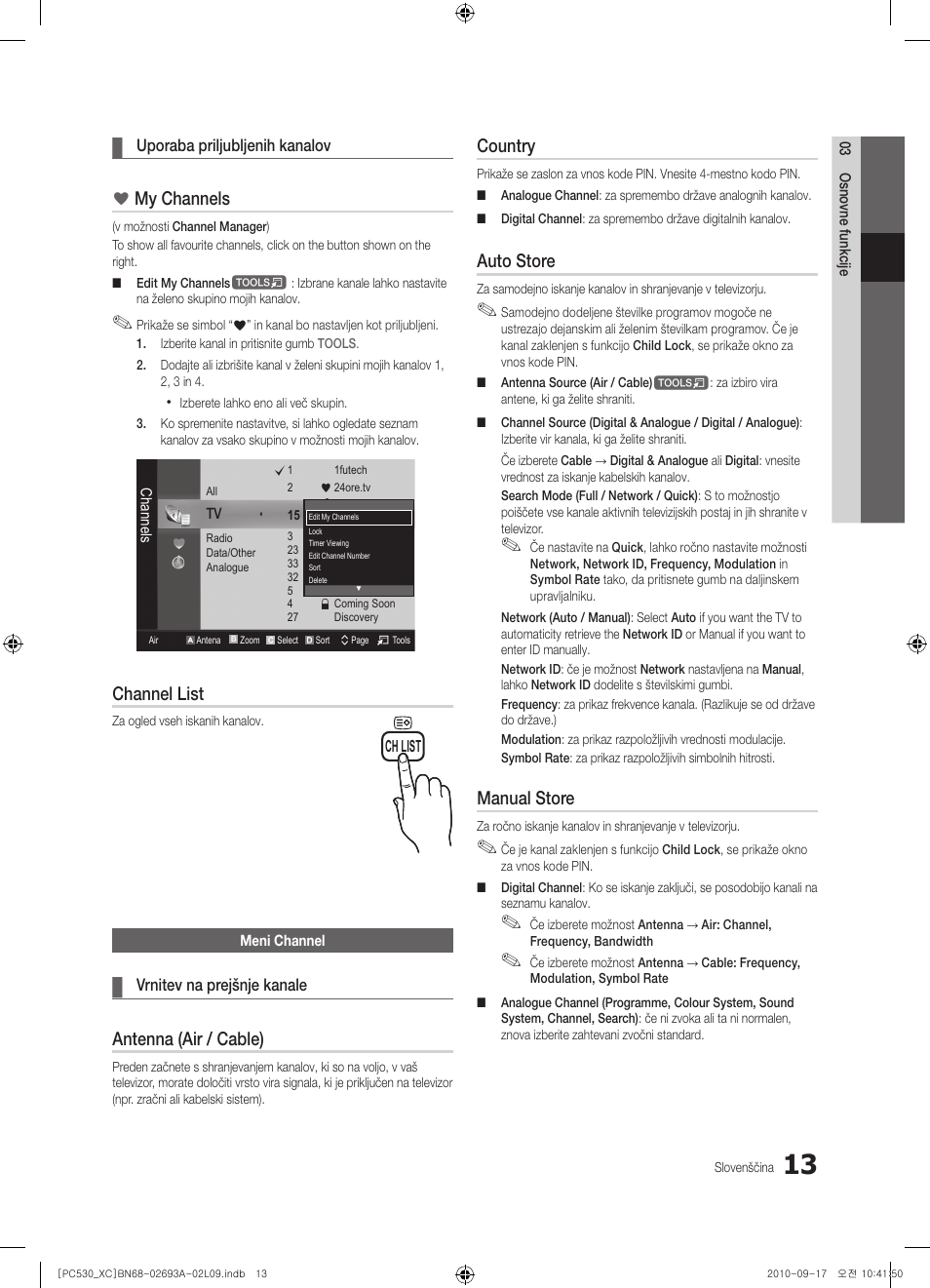 My channels, Channel list, Antenna (air / cable) | Country, Auto store, Manual store | Samsung PS50C530C1W User Manual | Page 295 / 365