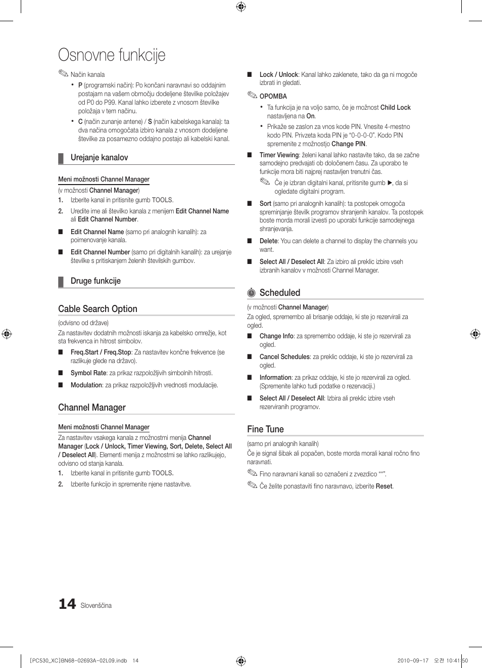 Osnovne funkcije, Cable search option, Channel manager | Scheduled, Fine tune | Samsung PS50C530C1W User Manual | Page 296 / 365
